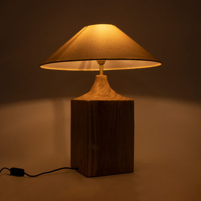 GloboStar® LAFRONTERA 02313 Boho Επιτραπέζιο Φωτιστικό Πορτατίφ Μονόφωτο 1 x E27 IP20 Μπεζ Ξύλο με Μπεζ Ύφασμα - Μ50 x Μ50 x Υ60cm