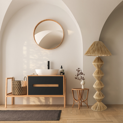 GloboStar® LUANA 02108 Boho Επιδαπέδιο Φωτιστικό Μονόφωτο 1 x E27 IP20 Μπεζ Raffia - Μ60 x Π60 x Υ150cm