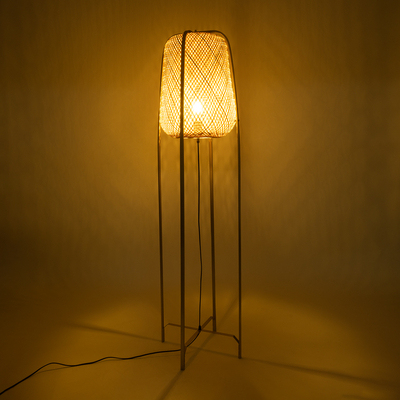 GloboStar® MEILANI 02301 Boho Επιδαπέδιο Φωτιστικό Μονόφωτο 1 x E27 IP20 Χρυσό Μέταλλο με Μπεζ Ξύλο - Μ40 x Π40 x Υ150cm