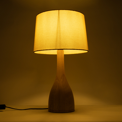 GloboStar® BERKBAY 02319 Boho Επιτραπέζιο Φωτιστικό Πορτατίφ Μονόφωτο 1 x E27 IP20 Μπεζ Ξύλο με Μπεζ Ύφασμα - Μ32 x Π32 x Υ55cm