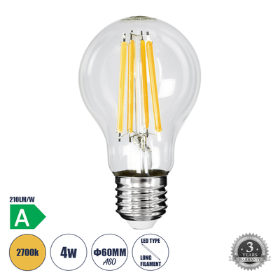 GLOBOSTAR® GLOBE 99083 Λάμπα E27 A60 LED 4W 840lm 360° AC 220-240V IP20 Θερμό Λευκό 2700K - Long Filament Chip - Διάφανο - Μ6 x Π6 x Υ11cm - 3 Χρόνια Εγγύηση