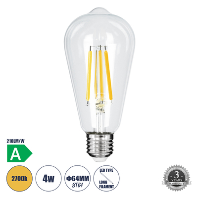 GLOBOSTAR® PEAR 99086 Λάμπα E27 ST64 LED 4W 840lm 360° AC 220-240V IP20 Θερμό Λευκό 2700K - Long Filament Chip - Διάφανο - Μ6.4 x Π6.4 x Υ14.5cm - 3 Χρόνια Εγγύηση