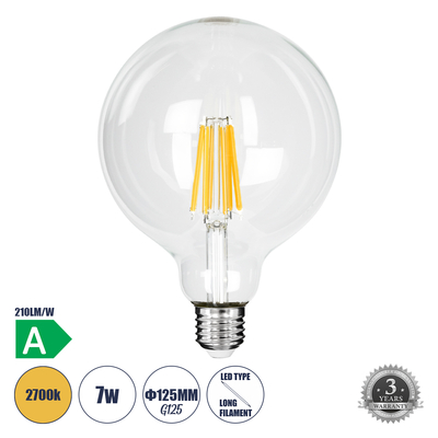 GLOBOSTAR® BUBBLE 99089 Λάμπα E27 G125 LED 7W 1470lm 360° AC 220-240V IP20 Θερμό Λευκό 2700K - Long Filament Chip - Διάφανο - Μ12.5 x Π12.5 x Υ13.8cm - 3 Χρόνια Εγγύηση