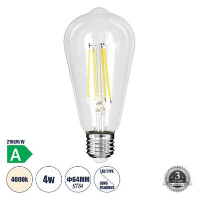 GLOBOSTAR® PEAR 99094 Λάμπα E27 ST64 LED 4W 840lm 360° AC 220-240V IP20 Φυσικό Λευκό 4500K - Long Filament Chip - Διάφανο - Μ6.4 x Π6.4 x Υ14.5cm - 3 Χρόνια Εγγύηση