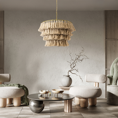 GLOBOSTAR® MISSOULA 02088 Boho Κρεμαστό Φωτιστικό Οροφής με Ντουί 1 x E27 AC 220-240V IP20 - Μπεζ & Χρυσό - Μ60 x Π60 x Υ40cm