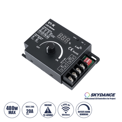 GLOBOSTAR® SKYDANCE-V1-K 73117 Dimmer με 1 x 20A 480W Κανάλι DC 12-48V 20A 480W Max IP20 - PWM - RF2.4Ghz - Μ10.7 x Π7.5 x Υ3.8cm - 5 Χρόνια Εγγύηση