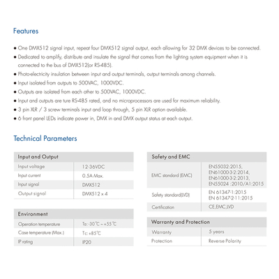 GloboStar® 73136 DMA SKYDANCE DC DMX512 Signal Splitter / Amplifier 4 Καναλιών DC 12-36V - IP20 Μ25.6 x Π9.2 x Υ3.8cm - 5 Χρόνια Εγγύηση