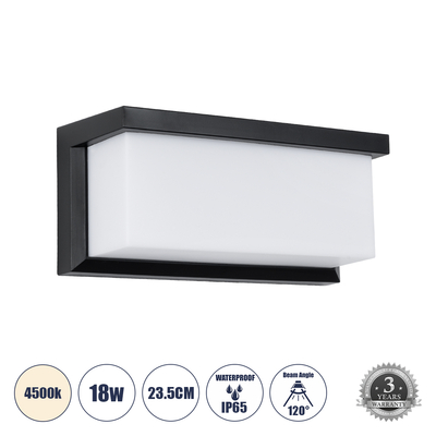GLOBOSTAR® CITYSCAPE 60699 Μοντέρνο Φωτιστικό Τοίχου - Απλίκα LED 18W 1890lm 120° AC 220-240V Αδιάβροχο IP65 Φυσικό Λευκό 4500K - Bridgelux SMD Chip - Μαύρο Ματ - Μ23.5 x Π11 x Υ10cm - 3 Χρόνια Εγγύηση