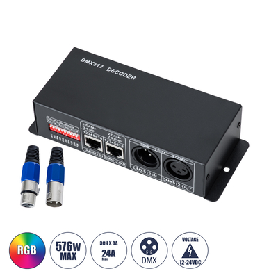 GLOBOSTAR® RGBCONTROLLER 73490 DC DMX Master Dimmer / Controller / Decoder Υψηλής Ταχύτητας με 3 x 8A 192W Κανάλια DC 12-24V 24A 576W Max IP20 - DMX512 & RDM - Μ16 x Π9 x Υ6cm - 2 Χρόνια Εγγύηση