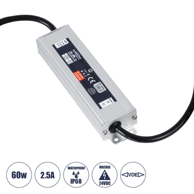 GLOBOSTAR® LUMISPLASH 60962 Τροφοδοτικό/Μετασχηματιστής Class II SELV 60W 2.5A DC 24V Αδιάβροχο IP68 - AC 220-240V σε DC 24V - Μ15 x Π3.5 x Υ2cm - 3 Χρόνια Εγγύηση