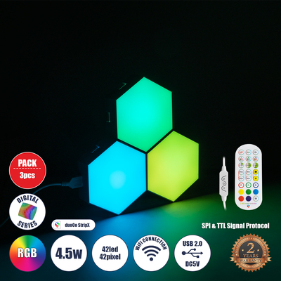 GloboStar® DIGIOCTA 90447 Σετ 3 Ψηφιακων LED RGB Φωτιστικών Κυψελών με Ψηφιακό Controller με WiFi Smart APP & Ασύρματο Χειριστήριο RF 2.4Ghz - LED SMD 5050 4.5W/Σετ 42PIXEL/Σετ 360lm/Σετ 120° DC 5V με USB 2.0 IP20 Πολύχρωμο RGB - Dimmable - Μ10.5 x Π10.5 x Υ3cm Ανά Κυψέλη - 2 Χρόνια Εγγύηση