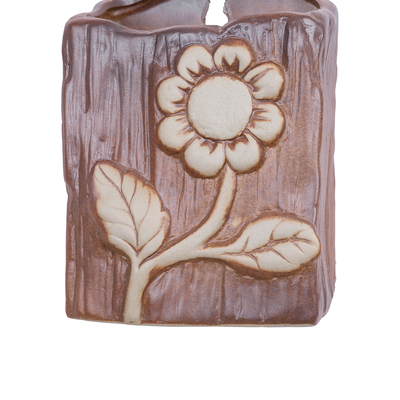 GloboStar® Artificial Garden BILBAO 20535 Διακοσμητική Κεραμική Επιτοίχια Γλάστρα Καφέ με Μπεζ Λεπτομέρειες Μ13 x Π10  x Υ17cm