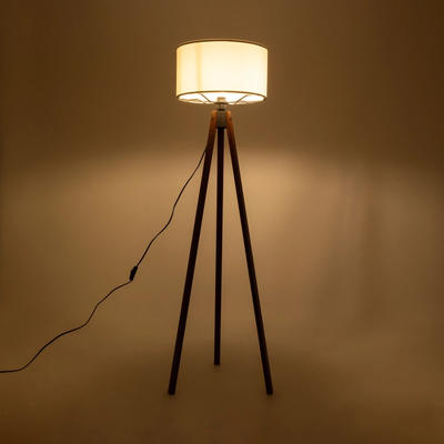 GloboStar® SAGA 204-0031 Μοντέρνο Eπιδαπέδιο Φωτιστικό Μονόφωτο 1 x E27 IP20 Καφέ Ξύλο με Μπεζ Ύφασμα - Μ38 x Π38 x Υ140cm