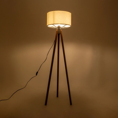 GloboStar® SAGA 204-0035 Μοντέρνο Eπιδαπέδιο Φωτιστικό Μονόφωτο 1 x E27 IP20 Καφέ Ξύλο με Λευκό Ύφασμα - Μ38 x Π38 x Υ140cm