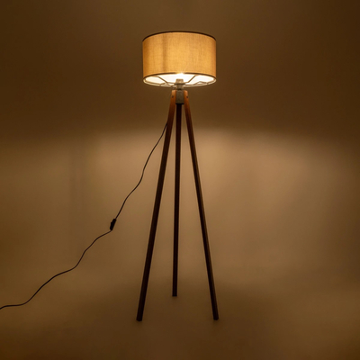 GloboStar® SAGA 204-0036 Μοντέρνο Eπιδαπέδιο Φωτιστικό Μονόφωτο 1 x E27 IP20 Καφέ Ξύλο με Γκρι Ύφασμα - Μ38 x Π38 x Υ140cm