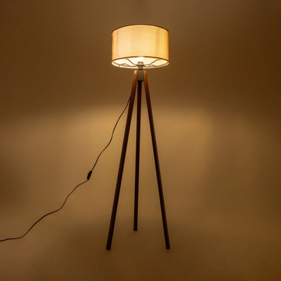 GloboStar® SAGA 204-0039 Μοντέρνο Eπιδαπέδιο Φωτιστικό Μονόφωτο 1 x E27 IP20 Καφέ Ξύλο με Μπεζ Ύφασμα - Μ38 x Π38 x Υ140cm