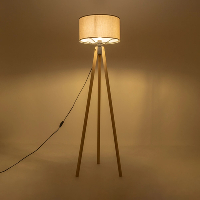 GloboStar® SAGA 204-0048 Μοντέρνο Eπιδαπέδιο Φωτιστικό Μονόφωτο 1 x E27 IP20 Μπεζ Ξύλο με Γκρι Ύφασμα - Μ38 x Π38 x Υ140cm