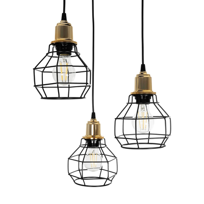 GLOBOSTAR® NOVARAY 201-0083 Vintage Κρεμαστό Φωτιστικό Οροφής με Ντουί 3 x E27 AC 220-240V IP20 - Μαύρο & Χρυσό - Μ40 x Π40 x Υ50cm
