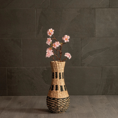 GloboStar® Artificial Garden BOLOGNA 21228 Διακοσμητικό Πλεκτό Καλάθι - Κασπώ Γλάστρα - Flower Pot Μπεζ με Μαύρο Π20 x M20 x Υ42cm