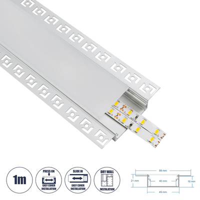 GLOBOSTAR® ALP-PLASTERIN GYPSO 70862-1M Χωνευτό Προφίλ Αλουμινίου Ειδικό για Γυψοσανίδα με Λευκό Γαλακτερό Πατητό Κάλυμμα για Ταινίες LED IP20 - Ασημί & Λευκό - Μ100 x Π8.8 x Υ2cm