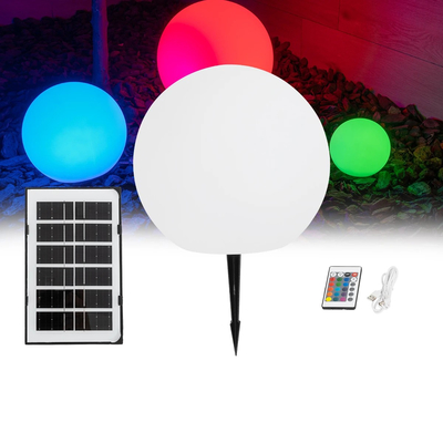 GLOBOSTAR® AQUAGLOW 71474 Μοντέρνο Φωτιστικό Κήπου Μπάλα με IR Ασύρματο Χειριστήριο LED 3W 240lm 360° DC 5V με USB-C με Ενσωματωμένο Φωτοβολταϊκό Panel 6V 1W & Επαναφορτιζόμενη Μπαταρία Li-ion 3.7V 2x18650 1400mAh Αδιάβροχο IP54 Πολύχρωμο RGBW Dimmable - Sanan SMD Chip - Γαλακτερό Λευκό - Μ25 x Π25 x Υ25cm - 2 Χρόνια Εγγύηση