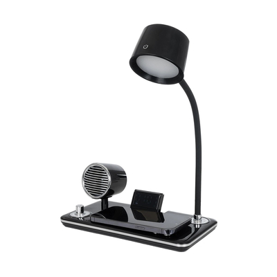 GLOBOSTAR® OLDY 76563 Μοντέρνο Επιτραπέζιο Φωτιστικό Γραφείου με Ασύρματη Φόρτιση 15W 3A, 5W Bluetooth Ηχείο & Ψηφιακό Ρολόι LED 3W 300lm 120° DC 5V με USB-C IP20 Ρυθμιζόμενο Λευκό CCT με Αφή 2700K/4500K/6000K Dimmable - Sanan SMD Chip - Μαύρο - Μ13 x Π25 x Υ43cm - 2 Χρόνια Εγγύηση