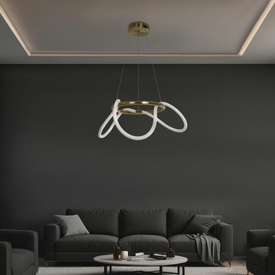 kelvo® GLOW 61658 Μοντέρνο Κρεμαστό Φωτιστικό Οροφής LED 36W 3600lm 360° AC 220-240V IP20 Ρυθμιζόμενο Λευκό CCT με Χειριστήριο από 2700K έως 6000K Dimmable - Lumileds SMD Chip - Χρυσό Πλατίνα & Λευκό Νήμα - Μ70 x Π70 x Υ40cm - 3 Χρόνια Εγγύηση