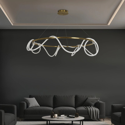 kelvo® GLOW 61661 Μοντέρνο Κρεμαστό Φωτιστικό Οροφής LED 100W 10000lm 360° AC 220-240V IP20 Ρυθμιζόμενο Λευκό CCT με Χειριστήριο από 2700K έως 6000K Dimmable - Lumileds SMD Chip - Χρυσό Πλατίνα & Λευκό Νήμα - Μ150 x Π150 x Υ100cm - 3 Χρόνια Εγγύηση