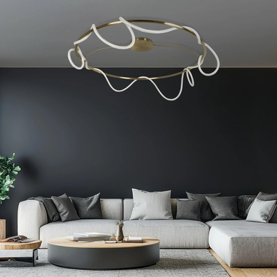 kelvo® GLOW 61675 Μοντέρνο Φωτιστικό Οροφής LED 89W 8900lm 360° AC 220-240V IP20 Ρυθμιζόμενο Λευκό CCT με Χειριστήριο από 2700K έως 6000K Dimmable - Lumileds SMD Chip - Χρυσό Πλατίνα & Λευκό Νήμα - Μ150 x Π150 x Υ30cm - 3 Χρόνια Εγγύηση