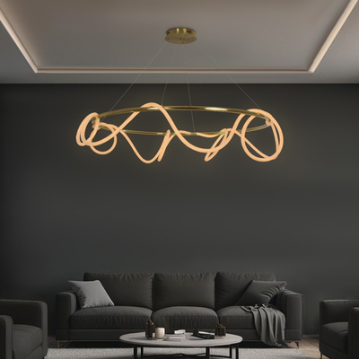 kelvo® GLOW 61661 Μοντέρνο Κρεμαστό Φωτιστικό Οροφής LED 100W 10000lm 360° AC 220-240V IP20 Ρυθμιζόμενο Λευκό CCT με Χειριστήριο από 2700K έως 6000K Dimmable - Lumileds SMD Chip - Χρυσό Πλατίνα & Λευκό Νήμα - Μ150 x Π150 x Υ100cm - 3 Χρόνια Εγγύηση