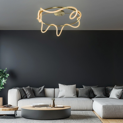 kelvo® GLOW 61674 Μοντέρνο Φωτιστικό Οροφής LED 65W 6500lm 360° AC 220-240V IP20 Ρυθμιζόμενο Λευκό CCT με Χειριστήριο από 2700K έως 6000K Dimmable - Lumileds SMD Chip - Χρυσό Πλατίνα & Λευκό Νήμα - Μ100 x Π100 x Υ30cm - 3 Χρόνια Εγγύηση