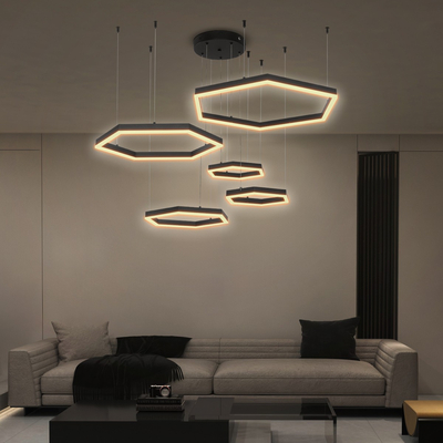 kelvo® LEXAGON 61397 Μοντέρνο Κρεμαστό Φωτιστικό Οροφής LED 120W 12000lm 200° AC 220-240V IP20 Ρυθμιζόμενο Λευκό CCT με Χειριστήριο από 2700K έως 6000K Dimmable - Lumileds SMD Chip - Μαύρο - Μ110 x Π90 x Υ110cm - 3 Χρόνια Εγγύηση