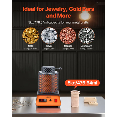 Ηλεκτρικός φούρνος τήξης VEVOR, κιτ ηλεκτρικού φούρνου τήξης 1500W, μηχανή τήξης μετάλλων 2102℉/1150℃ με κεραμικό χωνευτήριο 5kg, κιτ τήξης χρυσού για κατασκευή κοσμημάτων, μεταλλικές ράβδοι, μεταλλικά εξαρτήματα