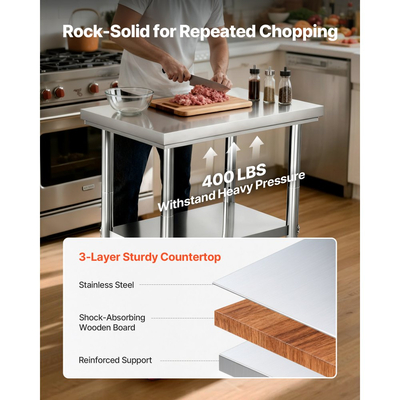 Τραπέζι VEVOR από ανοξείδωτο ατσάλι, τραπέζι εργασίας προετοιμασίας φαγητού 60 x 76 cm με ρόδες, τραπέζι προετοιμασίας κουζίνας με ρυθμιζόμενους σταθμούς εργασίας κάτω από ράφι για επαγγελματική κουζίνα, εστιατόριο, ξενοδοχείο και γκαράζ, εξωτερικού χώρου