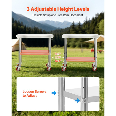 Τραπέζι VEVOR από ανοξείδωτο ατσάλι, τραπέζι εργασίας προετοιμασίας φαγητού 60 x 90 cm με ρόδες, τραπέζι προετοιμασίας κουζίνας με ρυθμιζόμενους σταθμούς εργασίας κάτω από ράφι για επαγγελματική κουζίνα, εστιατόριο, ξενοδοχείο και γκαράζ, εξωτερικού χώρου