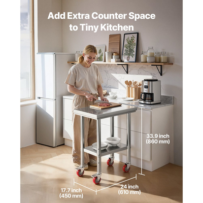 Τραπέζι VEVOR από ανοξείδωτο ατσάλι, τραπέζι εργασίας προετοιμασίας φαγητού 61 x 45 cm με ρόδες, τραπέζι προετοιμασίας κουζίνας με ρυθμιζόμενους σταθμούς εργασίας κάτω από ράφι για επαγγελματική κουζίνα, εστιατόριο, ξενοδοχείο και γκαράζ, εξωτερικού χώρου