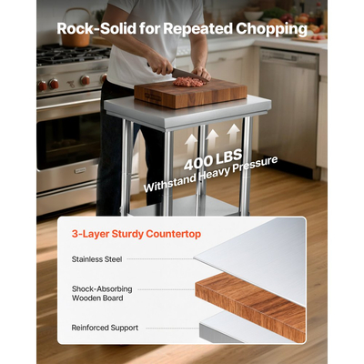 Τραπέζι VEVOR από ανοξείδωτο ατσάλι, τραπέζι εργασίας προετοιμασίας φαγητού 61 x 45 cm με ρόδες, τραπέζι προετοιμασίας κουζίνας με ρυθμιζόμενους σταθμούς εργασίας κάτω από ράφι για επαγγελματική κουζίνα, εστιατόριο, ξενοδοχείο και γκαράζ, εξωτερικού χώρου
