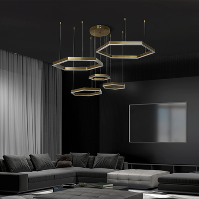 kelvo® LEXAGON KLV-101-0180 Κρεμαστό Φωτιστικό Οροφής LED 120W 12000lm 200° AC 220-240V IP20 Ρυθμιζόμενο Λευκό CCT με Χειριστήριο από 2700K έως 6000K Dimmable - Lumileds SMD Chip - Χρυσό Πλατίνα - Μ110 x Π90 x Υ110cm - 3 Χρόνια Εγγύηση