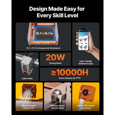 Χαρακτήρας λέιζερ VEVOR, 20W, Μηχανή χάραξης και κοπής λέιζερ με κάμερα περιβλήματος, Κόφτης λέιζερ, Περιοχή εργασίας 400 x 400 mm, 30000 mm/min, για ξύλο, δέρμα, γυαλί, χαρτί, ορισμένα μέταλλα, κλάση 1