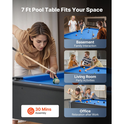 Τραπέζι μπιλιάρδου VEVOR, φορητά τραπέζια μπιλιάρδου 213cm, σταθερό τραπέζι παιχνιδιού με ρυθμιζόμενα πόδια, σετ ψυχαγωγίας που περιλαμβάνει μπάλα, στέκα, βάση, κιμωλία και βούρτσα, μαύρο με ύφασμα Bule, για οικογενειακή χρήση στο δωμάτιο αναψυχής