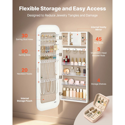 Κοσμηματοθήκη VEVOR με καθρέφτη, ύψος 1080 mm, καθρέφτης πλήρους μήκους με αποθηκευτικό χώρο, οργάνωση κοσμηματοθήκης τοίχου/πάνω από την πόρτα, στρογγυλεμένο σχέδιο, κλειδώνει με 2 κλειδιά και οργάνωση ταξιδιού, λευκό