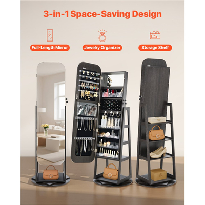 Κοσμηματοθήκη VEVOR περιστρεφόμενη 360°, ύψος 1600 mm, καθρέφτης πλήρους μήκους με αποθηκευτικό χώρο, όρθια περιστρεφόμενη θήκη κοσμημάτων, πόρτα που κλειδώνει με 2 κλειδιά, θήκες αξεσουάρ και ράφια αποθήκευσης