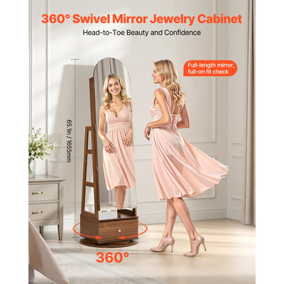 Κοσμηματοθήκη VEVOR περιστρεφόμενη 360°, ύψος 1655 mm, καθρέφτης πλήρους μήκους με αποθηκευτικό χώρο, όρθια περιστρεφόμενη θήκη οργάνωσης κοσμημάτων, κλειδώνει με 2 κλειδιά, θήκες αξεσουάρ, ράφια αποθήκευσης και συρτάρι