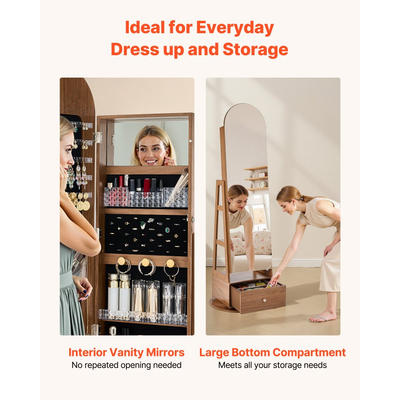 Κοσμηματοθήκη VEVOR περιστρεφόμενη 360°, ύψος 1655 mm, καθρέφτης πλήρους μήκους με αποθηκευτικό χώρο, όρθια περιστρεφόμενη θήκη οργάνωσης κοσμημάτων, κλειδώνει με 2 κλειδιά, θήκες αξεσουάρ, ράφια αποθήκευσης και συρτάρι