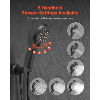 Σετ βρύσης ντους VEVOR, Σύστημα ντους μπάνιου βροχής με στρογγυλή κεφαλή ντους βροχής 12 ιντσών (30,5 cm) και φορητό ψεκαστήρα, Επιτοίχια φωτιστικά μπάνιου με ορειχάλκινη βαλβίδα και κιτ επένδυσης, Ματ μαύρο