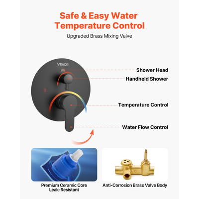 Σετ βρύσης ντους VEVOR, Σύστημα ντους μπάνιου βροχής με στρογγυλή κεφαλή ντους βροχής 12 ιντσών (30,5 cm) και φορητό ψεκαστήρα, Επιτοίχια φωτιστικά μπάνιου με ορειχάλκινη βαλβίδα και κιτ επένδυσης, Ματ μαύρο