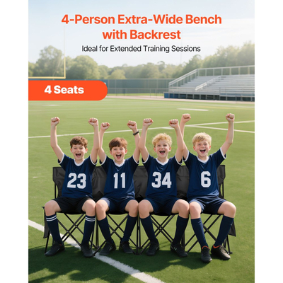 Φορητός Πτυσσόμενος Πάγκος VEVOR, Πτυσσόμενος Πάγκος Ποδοσφαίρου 4 Θέσεων με Πλαϊνές Τσέπες και Τσάντα Μεταφοράς, Ελαφρύ Πλαϊνό Καθιστικό με Πλάτη για Ποδόσφαιρο, Μπέιζμπολ, Κάμπινγκ, Υπαίθριες Εκδηλώσεις, Μαύρο