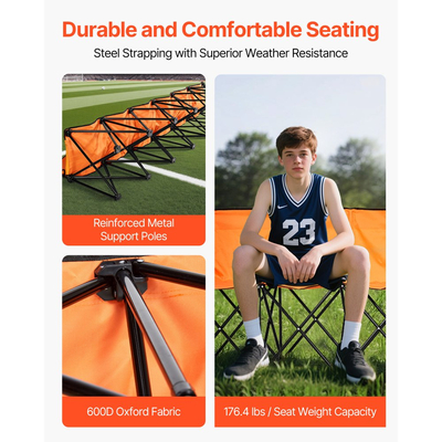 Φορητός Πτυσσόμενος Πάγκος VEVOR, Πτυσσόμενος Πάγκος Ποδοσφαίρου 6 Θέσεων με Πλαϊνές Τσέπες και Τσάντα Μεταφοράς, Ελαφρύ Πλαϊνό Κάθισμα με Πλάτη για Ποδόσφαιρο, Μπέιζμπολ, Κάμπινγκ, Υπαίθριες Εκδηλώσεις, Πορτοκαλί