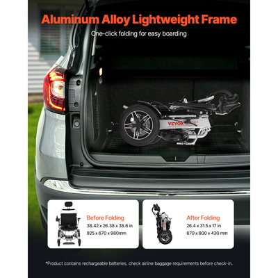 Ηλεκτρικό αναπηρικό αμαξίδιο VEVOR για ενήλικες, χωρητικότητας 136 kg με ρυθμιζόμενη πλάτη, πτυσσόμενο ελαφρύ μηχανοκίνητο αναπηρικό αμαξίδιο, εμβέλεια 21 km, τροφοδοτούμενο παντός εδάφους, φορητό κάθισμα 53 cm για ηλικιωμένους και άτομα με αναπηρία