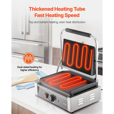 VEVOR Επαγγελματική Ψησταριά Panini, Ηλεκτρική Μηχανή Panini για Σάντουιτς 2200W, Πρέσα Σάντουιτς από Ανοξείδωτο Ατσάλι με Λαβή και Έλεγχο Θερμοκρασίας, Πλάκα από Σμάλτο 34x23 cm με Πλήρεις Αυλακώσεις, για Χάμπουργκερ, Μοσχάρι και Μπέικον